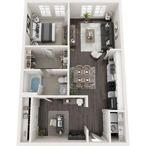 Floor plan for 1 bed, 1 bath, 774 sqft